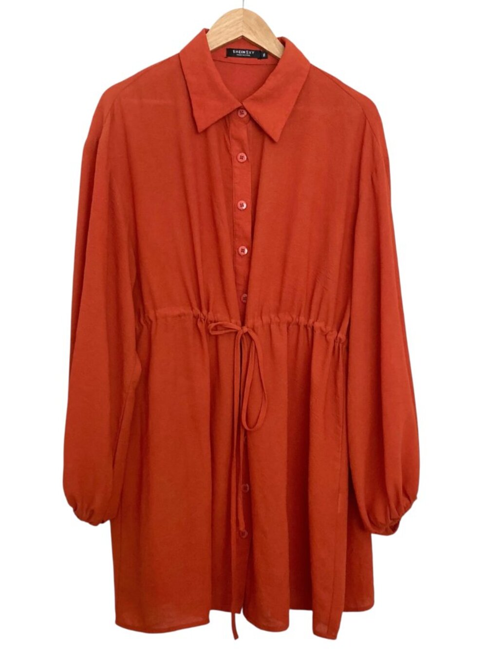 SHEIN SXY Drawstring Crinkle Long Sleeve Mini ShirtDress Size 1XL Pumpkin Orange